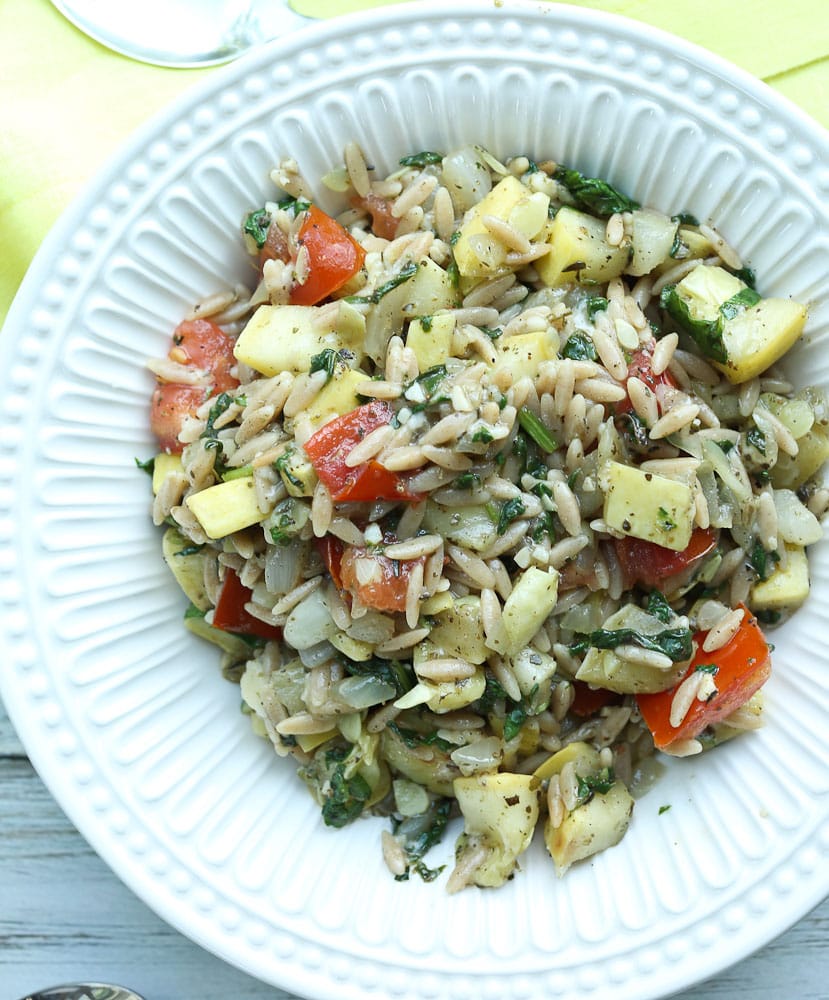 Overhead shot of Summer Vegetable Orzo recipe #healthy #wholegrains #vegetables #easy #dinner #healthydinner #quick 