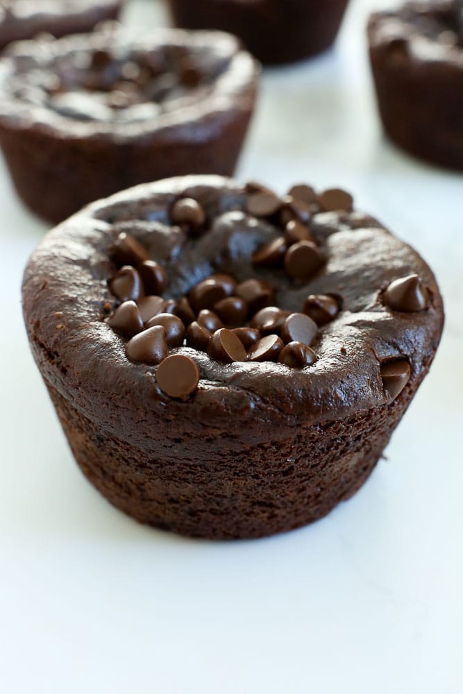 One single Flourless Chocolate Peanut Butter Blender Muffin