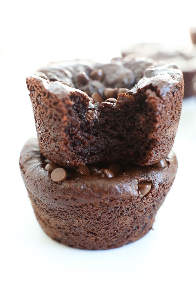 Texture of Two stacked Fourless Chocolate Peanut Butter Blender Muffins Recipe