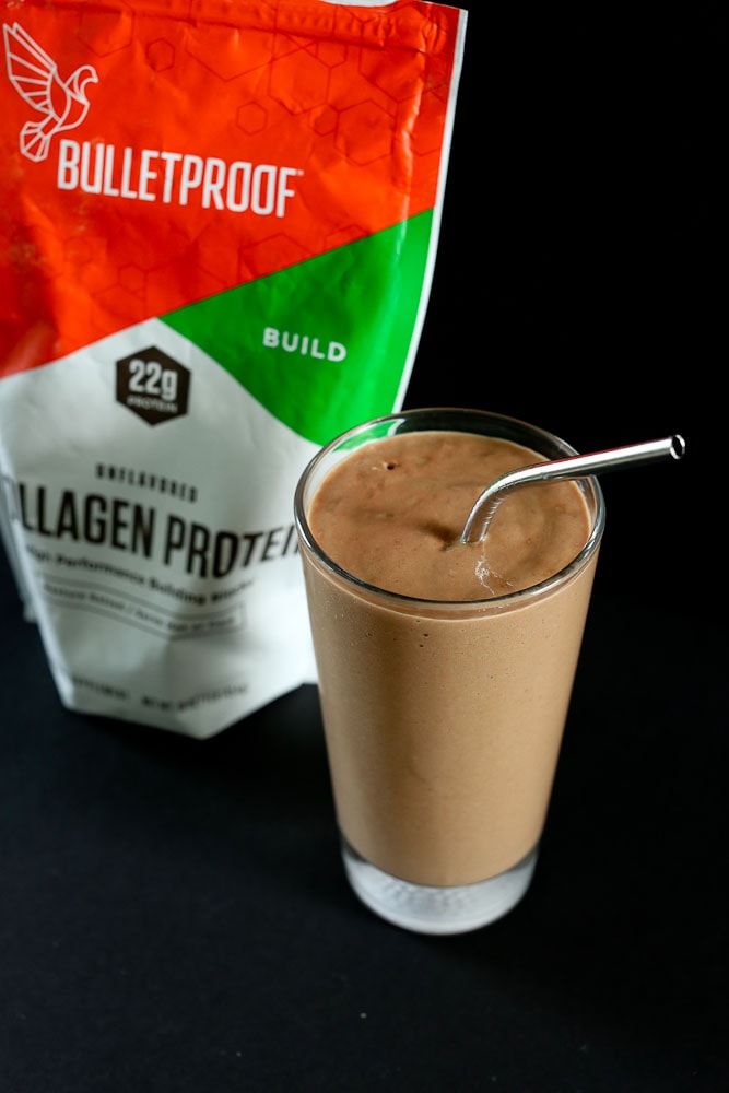 Café Mocha Collagen Protein Smoothie recipe with a bag of Bulletproof Collagen powder in the background