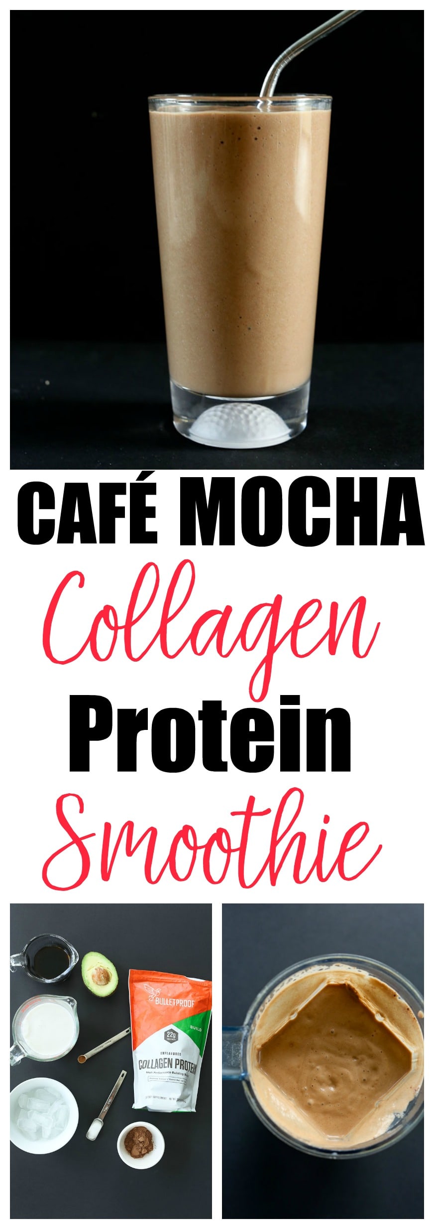 Café Mocha Collagen Protein Smoothie. NO sugar, LOW carb, Paleo, gluten-free #healthysmoothie #proteinsmoothie