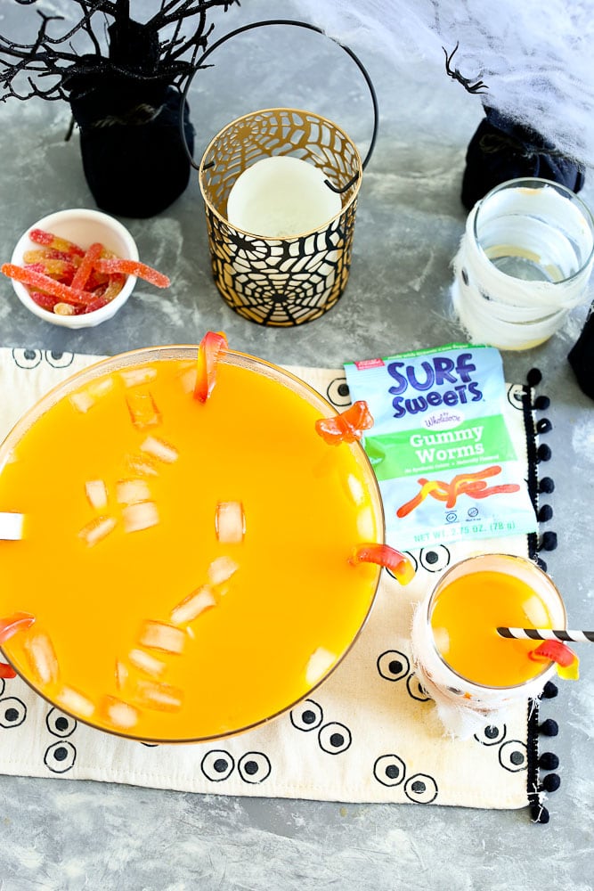 Creepy Halloween Punch Made with Surf Sweets Gummy worms