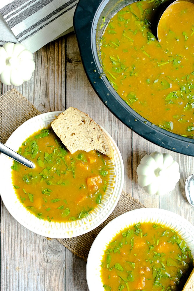 Slow Cooker Butternut Squash Lentil Soup with spinach