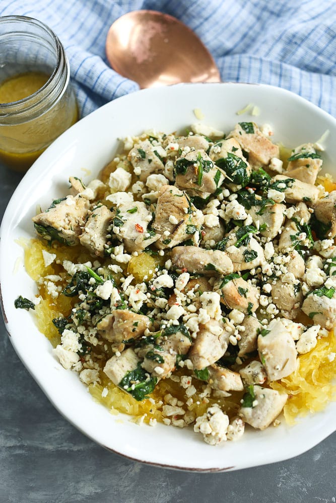 Mediterranean Spaghetti Squash with chicken spinach and feta and a red wine vinaigrette recipe