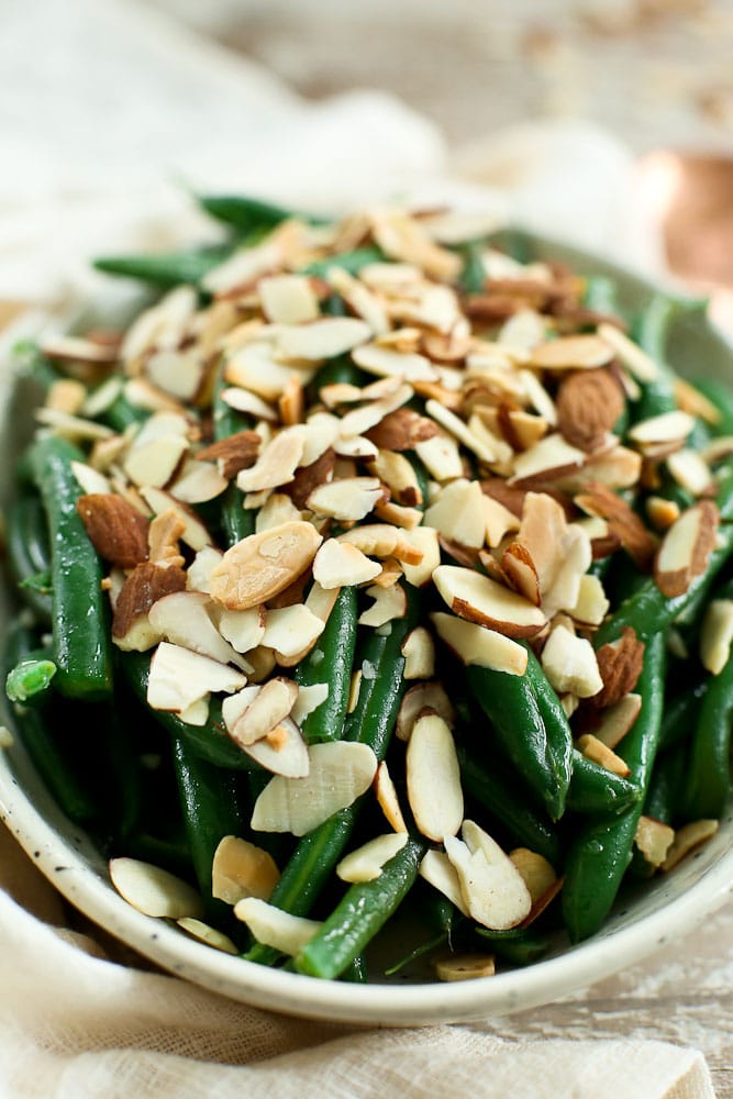 close up view of Garlic Butter Green Beans with Toasted Almonds recipe