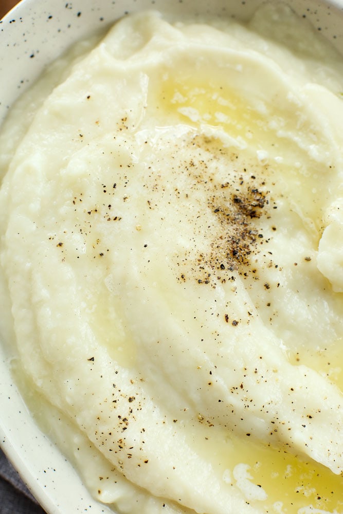 Super close up photo of the creamy texture of Instant Pot Mashed Cauliflower Recipe