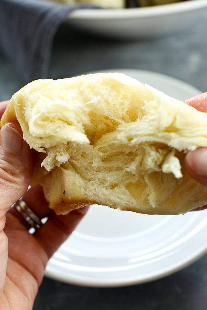 the inside of a perfect bread machine dinner roll