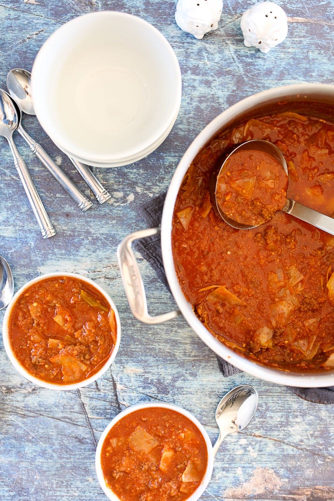 Unstuffed Cabbage Soup recipe the soup pot with a bowl of soup