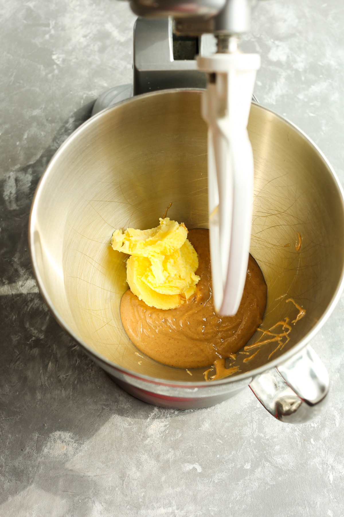 peanut butter and shortening in bowl of a stand mixer