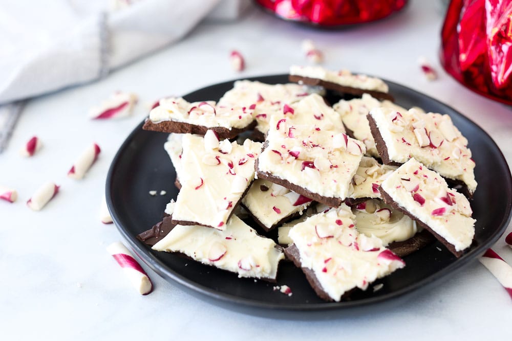 Homemade Peppermint Bark Recipe on a black plate