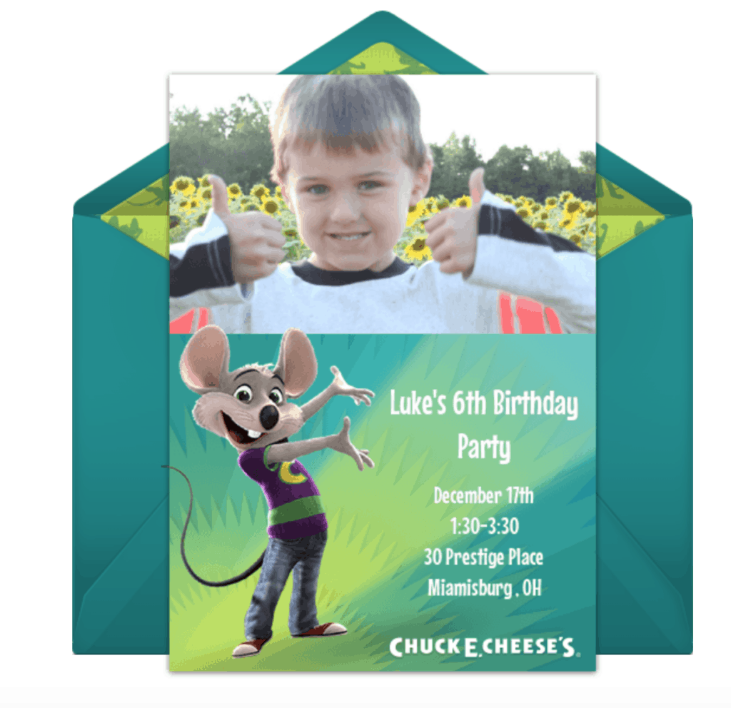 Luke's 6th Birthday Party at Chuck E Cheese's-email invitation