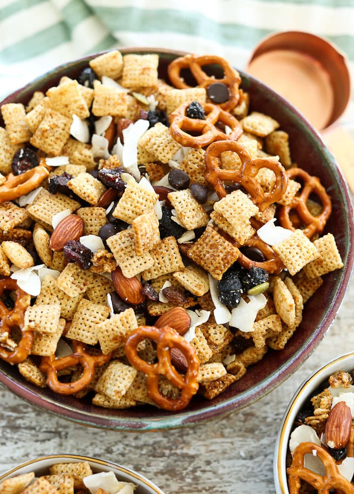 Sweet and Salty Chex Mix Recipe-large serving bowl with smaller bowls