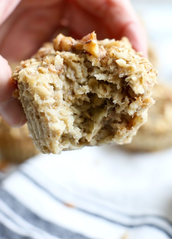 Banana Nut Oatmeal Muffins breakfast Cups recipe one muffin with a bite out of it