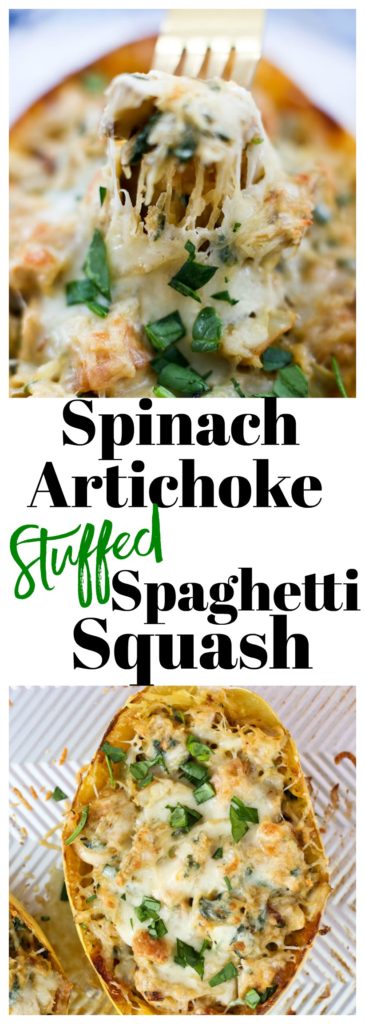 Spinach Artichoke Stuffed spaghetti squash with chicken recipe #healthy #weeknightdinners #glutenfree