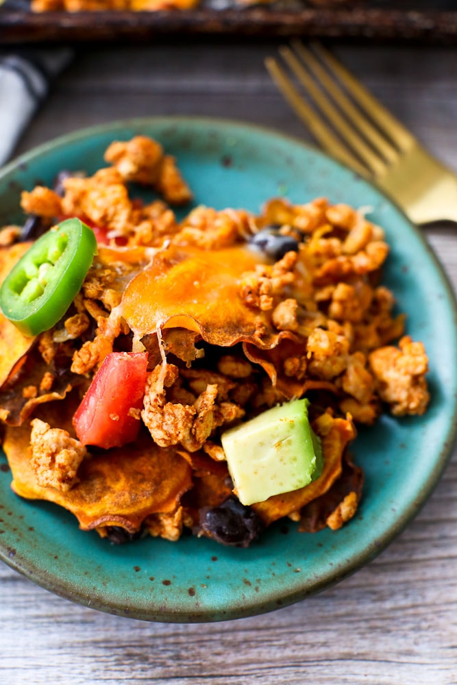 Sweet Potato Nachos recipe individual serving on a plate