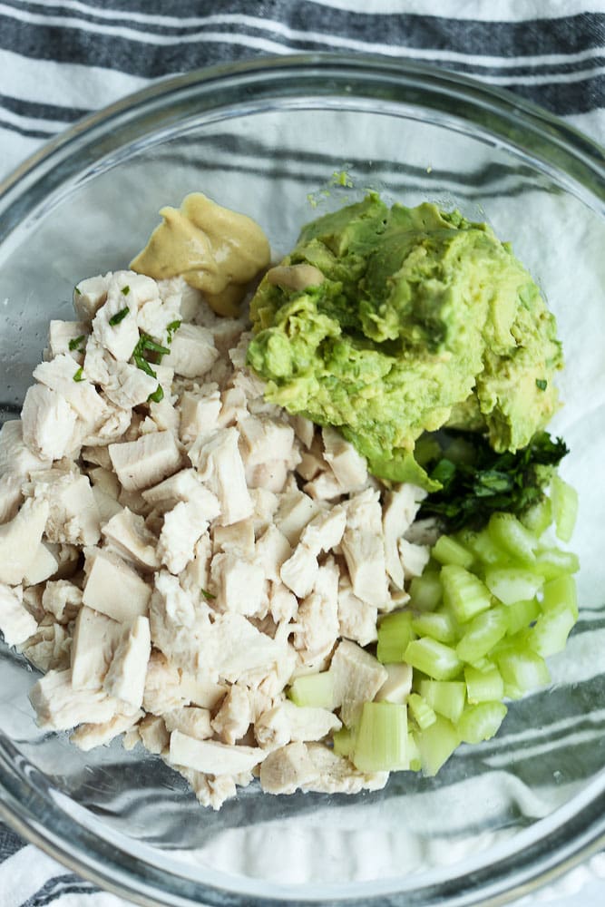 healthy Avocado Chicken Salad recipe ingredients in a bowl