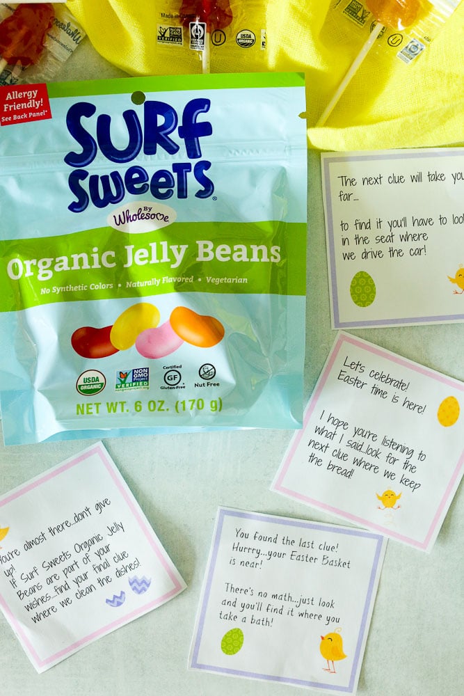 Easter Scavenger Hunt-printable clues with Wholesome Surf sweets organic jelly beans