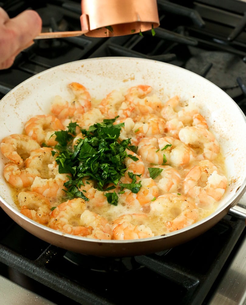 Shrimp Scampi Recipe-add parsley to pan