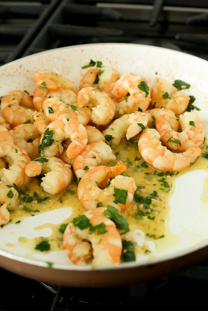 Shrimp Scampi Recipe-final step shrimp in pan with parsley and lemon juice