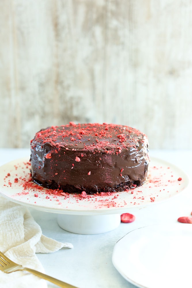 Vegan Chocolate Cake recipe on a cake stand