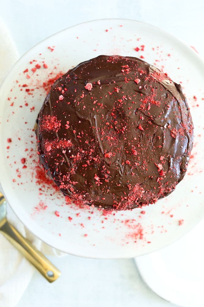 Vegan Chocolate Cake recipe overhead shot with freeze dried strawberries