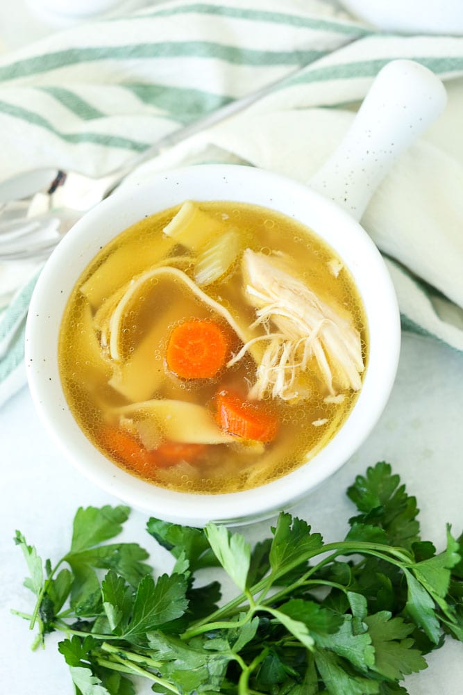 crockpot chicken noodle soup-one bowl overhead shot and parsley