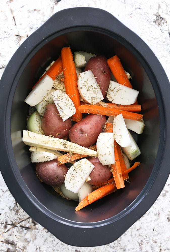 Corned Beef and Cabbage recipe vegetables in the slow cooker crockpot