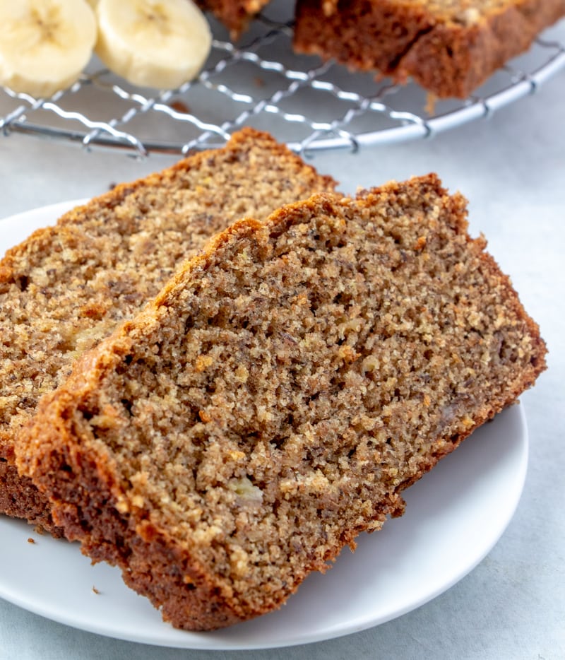 Vegan Banana Bread Recipe close up of a slice