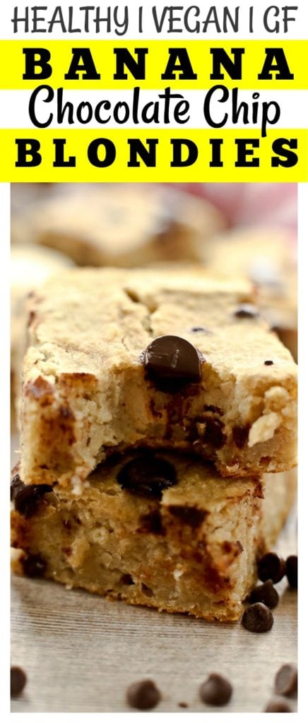 Banana Chocolate Chip Blondie Recipe #5ingredients #healthy #blondie #recipes #easy #vegan #dairyfree #glutenfree #dessert #banana #chickpeas #chocolatechips