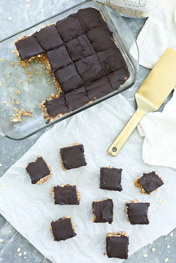 Chocolate Peanut Butter Cereal Bars recipe overhead shot with the bars cut 