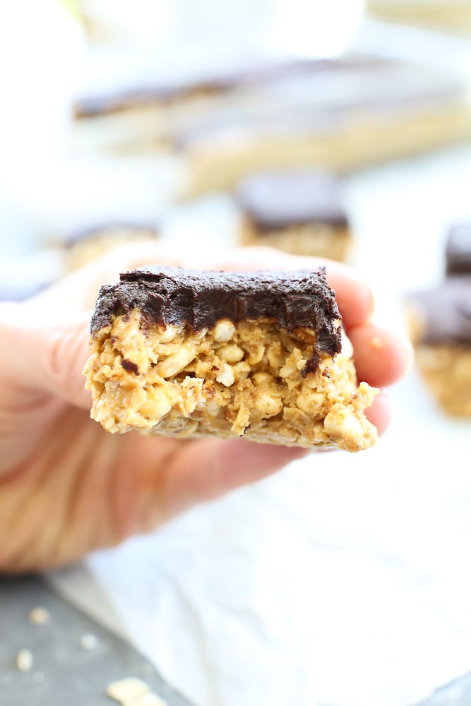 Chocolate Peanut Butter Cereal Bars recipe close up to show texture