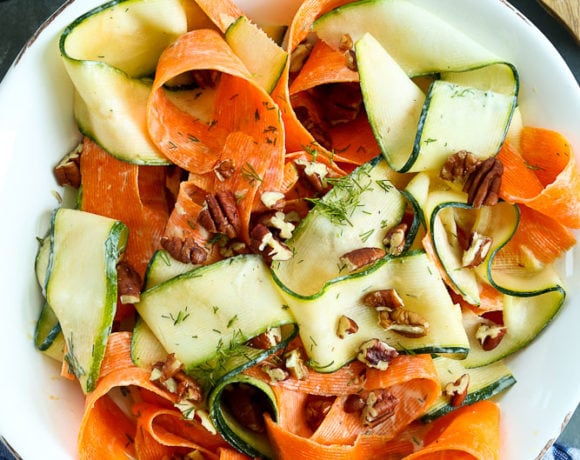 Shaved Vegetable Salad Recipe with tangy dill dressing #recipes #healthyrecipes #vegetarian #glutenfree #easy #quick #summer #salad #vegetables #zucchini #carrots #yogurt