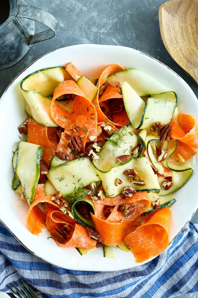 Shaved Vegetable Salad Recipe with tangy dill dressing #recipes #healthyrecipes #vegetarian #glutenfree #easy #quick #summer #salad #vegetables #zucchini #carrots #yogurt
