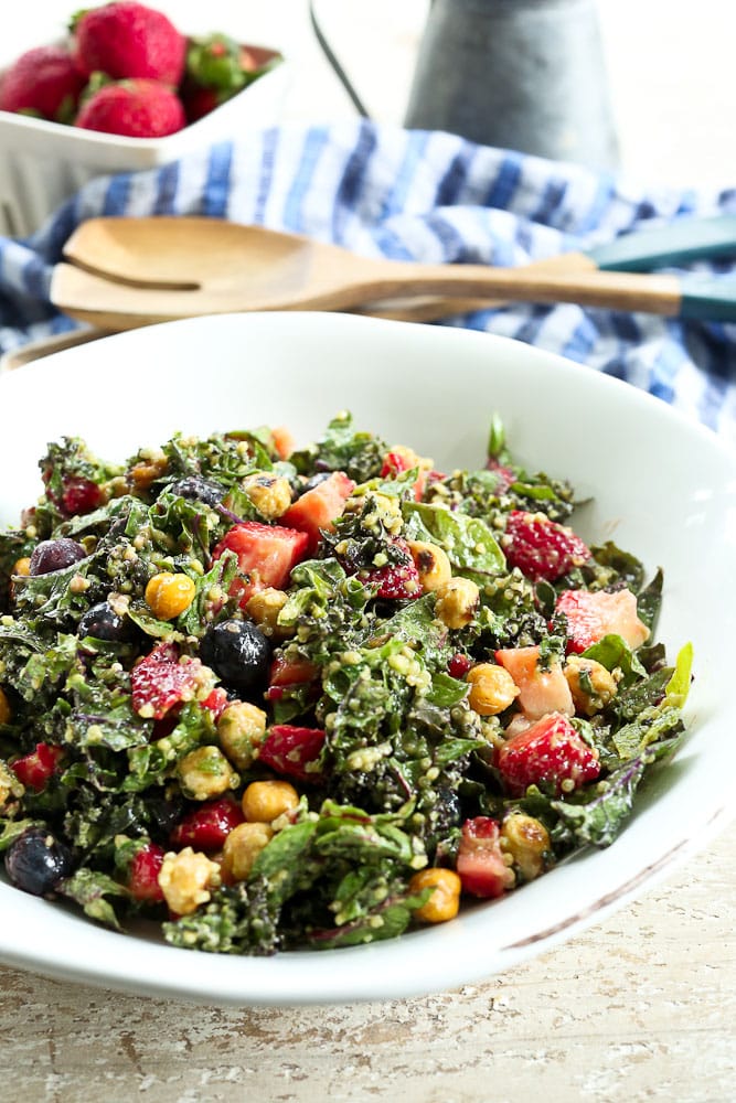 Massaged Kale Salad recipe #salad #healthy #vegan #glutenfree #healthyrecipes #saladrecipes #easyrecipes #summerrecipes #berries #blueberries #strawberries