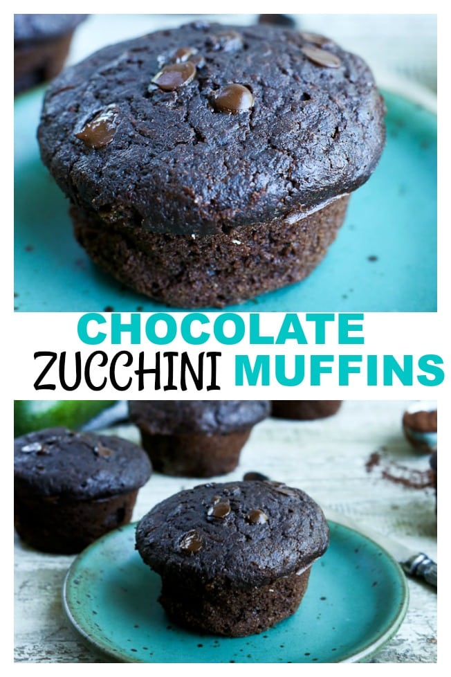 Chocolate Zucchini Muffins are a healthier muffin--what could be better than combining chocolate and a vegetable?! #healthy #muffins #zucchini #chocolate #wholewheat #wholegrains #lowsugar #easy #best #chocolatechips