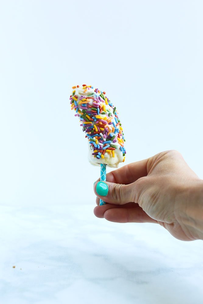 Greek Yogurt Frozen Banana Pops with naturally colored sprinkles