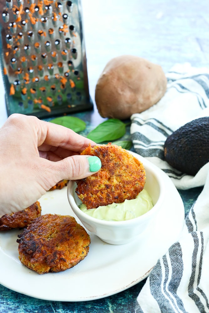 Sweet Potato Fritters recipe with avocado dipping sauce