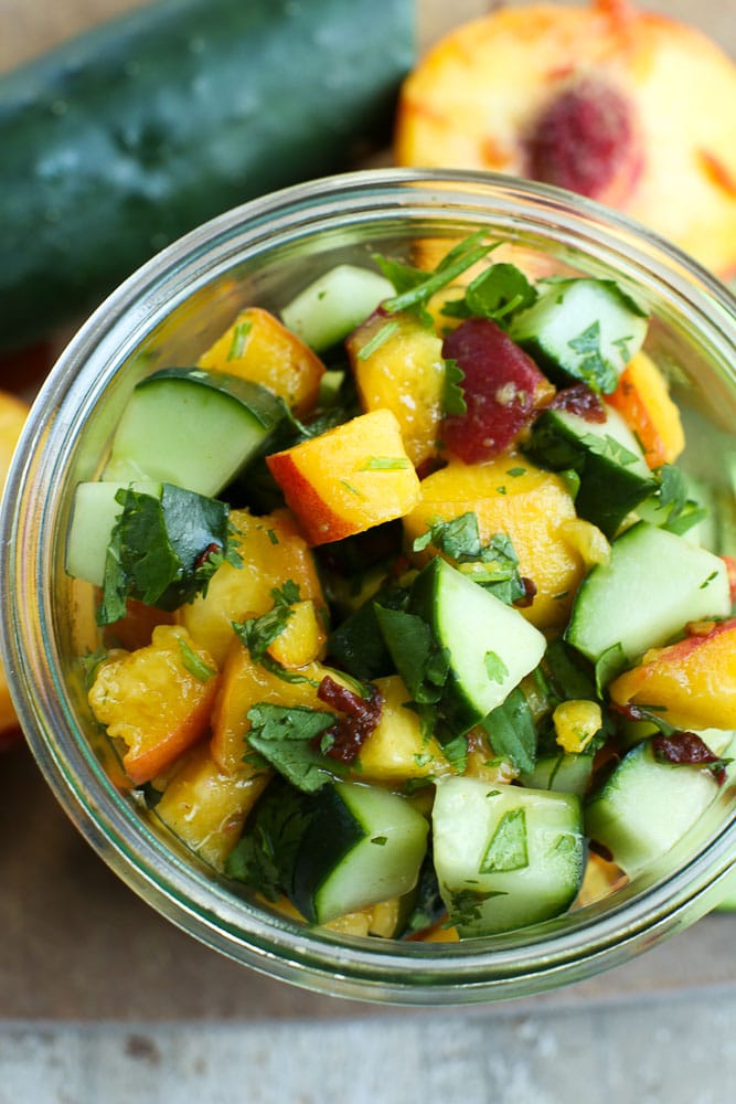 overhead shot of salsa looking into the glass jar
