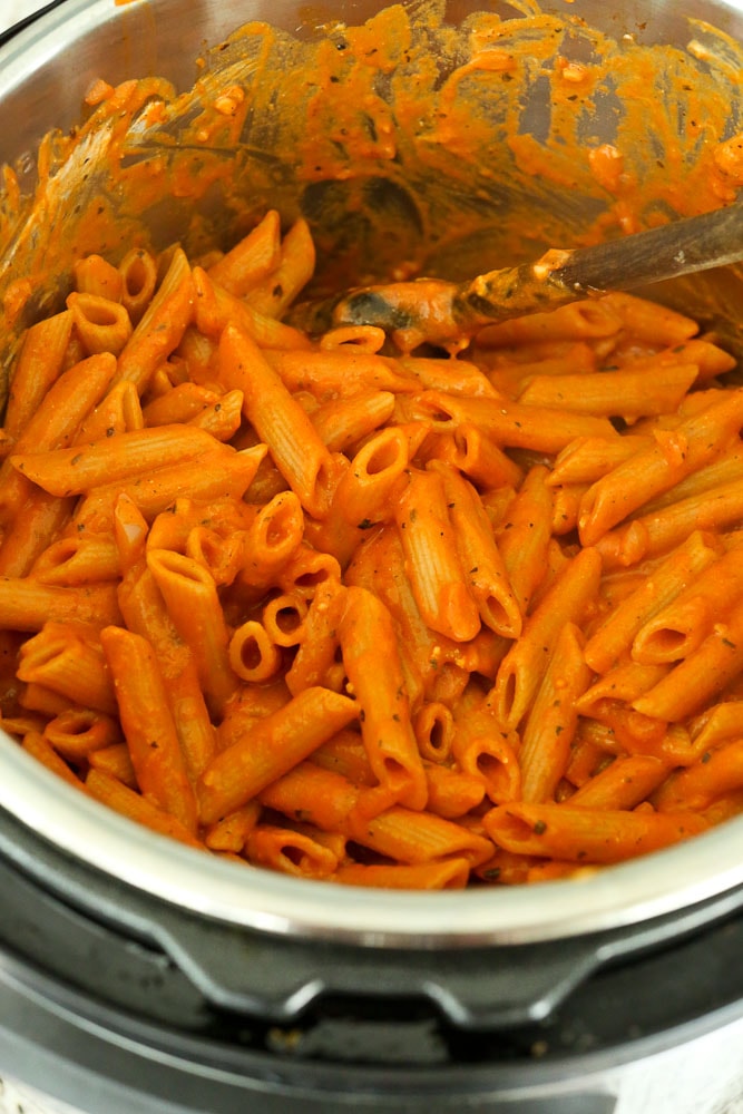 Instant Pot Pasta after cooking stirring goat cheese into penne
