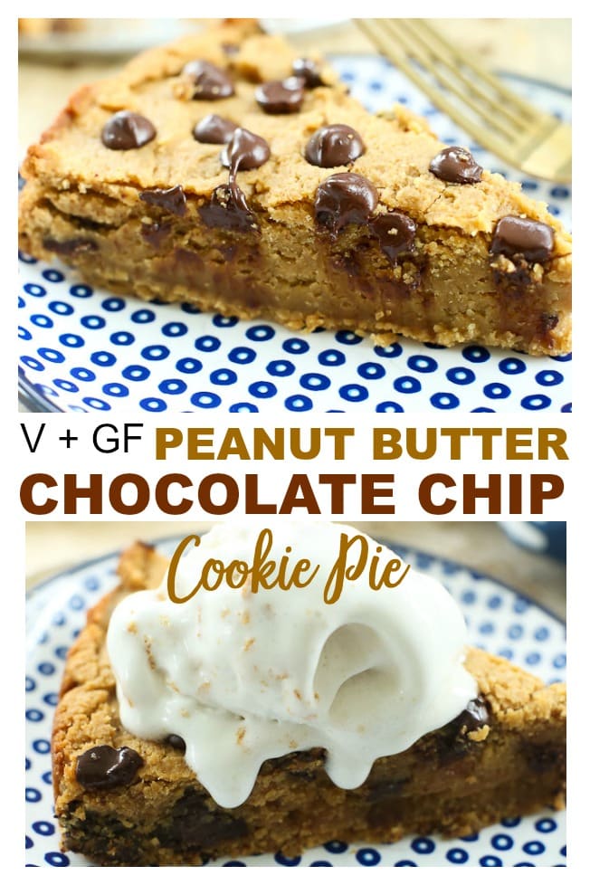 This is a vegan Peanut Butter Chocolate Chip Cookie Pie topped with So Delicious Dairy-Free Mousse! It is SO SO good, nobody will guess it's healthy!! #cookiepie #deepdish #chickpeas #healthy #recipes #dessert #glutenfree #vegan #dairyfree #easy #gooey #peanutbutter #chocolatechip #healthy #kids #parties 