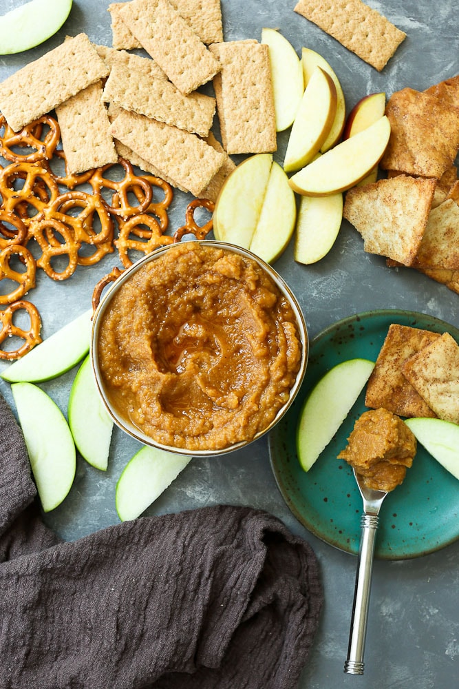 Pumpkin Hummus Recipe spread with dipping foods