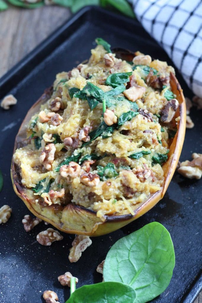 spaghetti squash recipes : Parmesan, Spinach, and Bacon Stuffed Spaghetti Squash