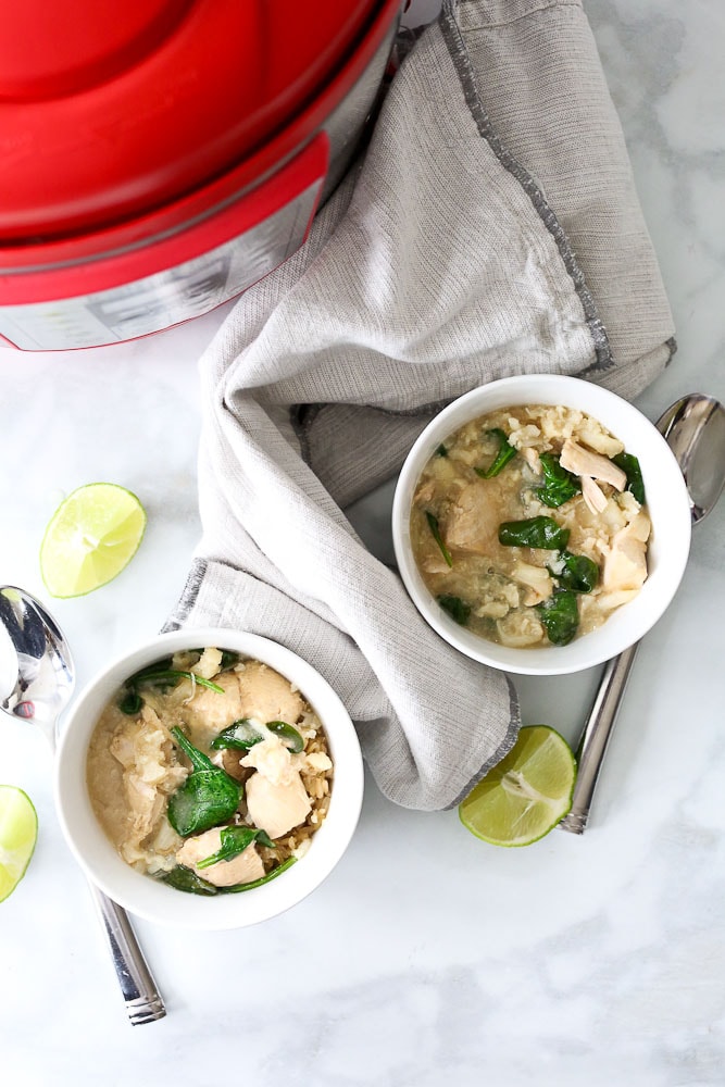 Instant Pot Coconut Lime Chicken Bowls recipe with cauliflower and spinach