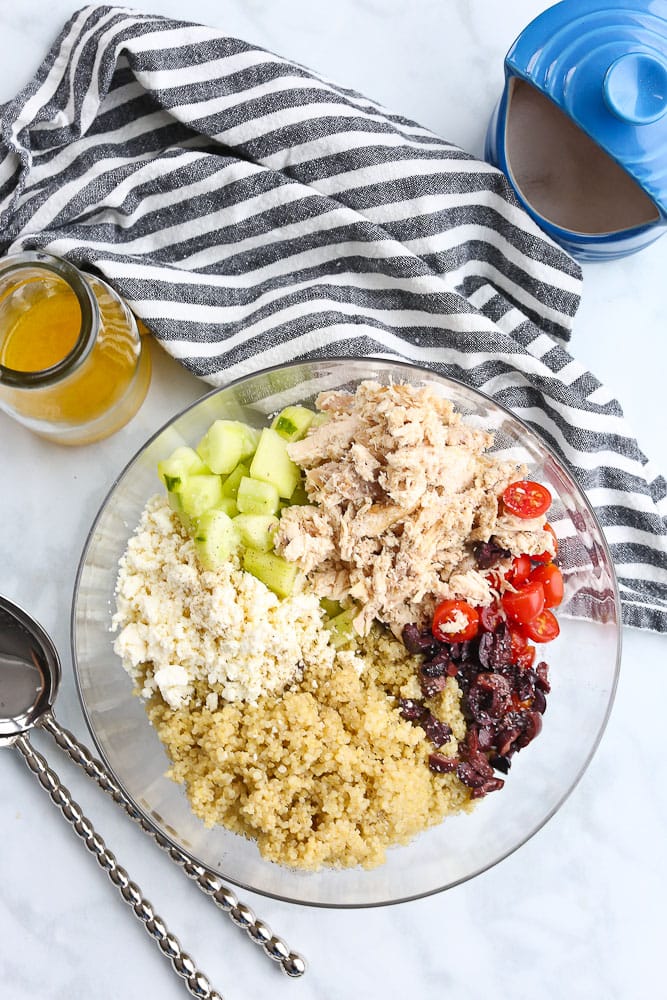 Mediterranean Quinoa Salad with Chicken and citrus vinaigrette separate ingredients