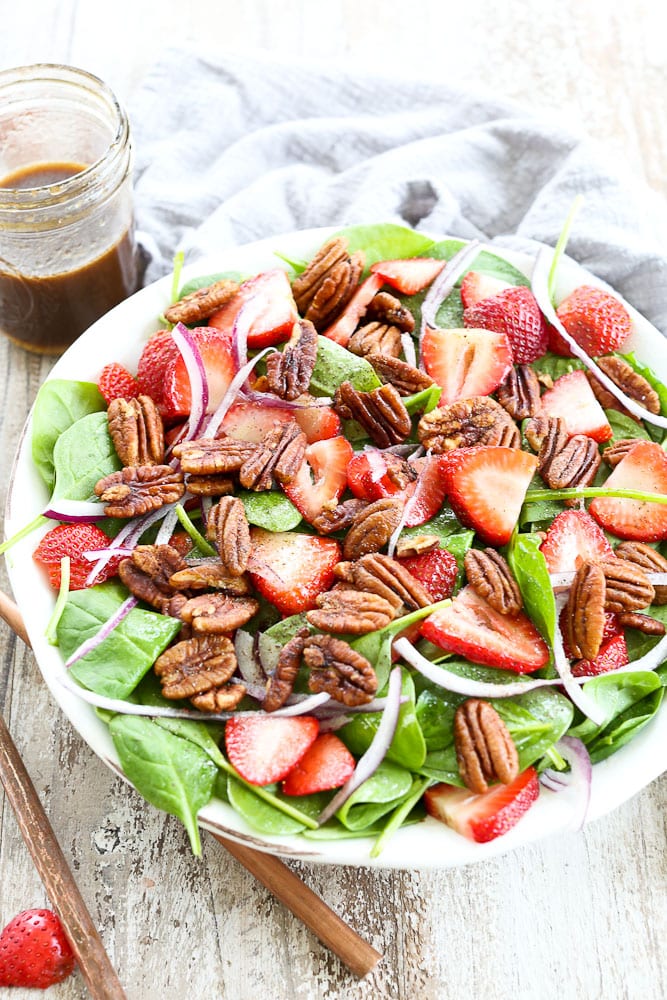 Strawberry Spinach Salad with pecans and balsamic dressing