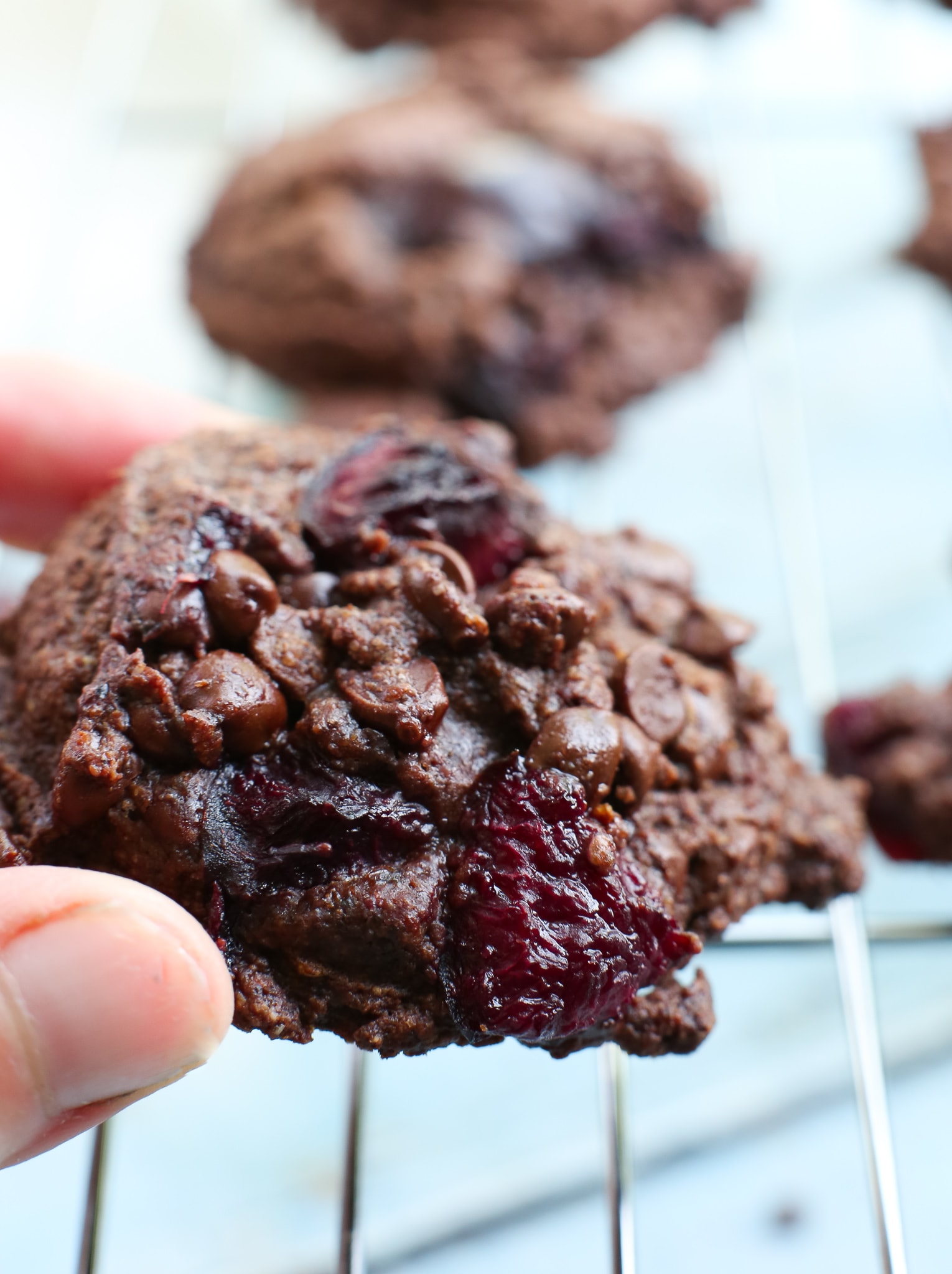 Chocolate Chocolate Chip Cherry Cookies Recipe close up view