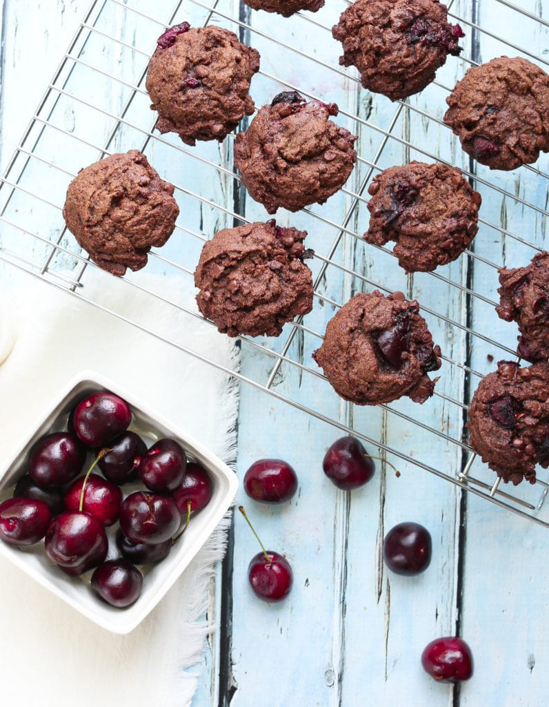 Chocolate Chocolate Chip Cherry Cookies Recipe on the cooling rack