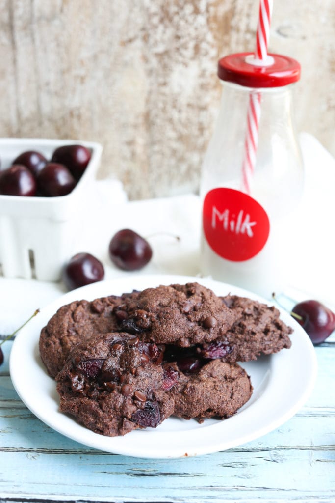 Chocolate Chocolate Chip Cherry Cookies on a plate