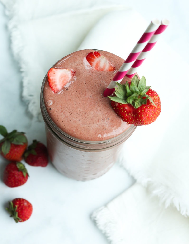 Strawberry Chocolate Protein Smoothie recipe overhead shot