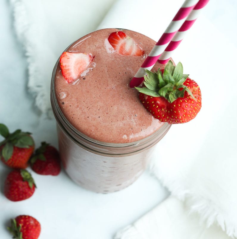 Strawberry Chocolate Protein Smoothie recipe overhead shot